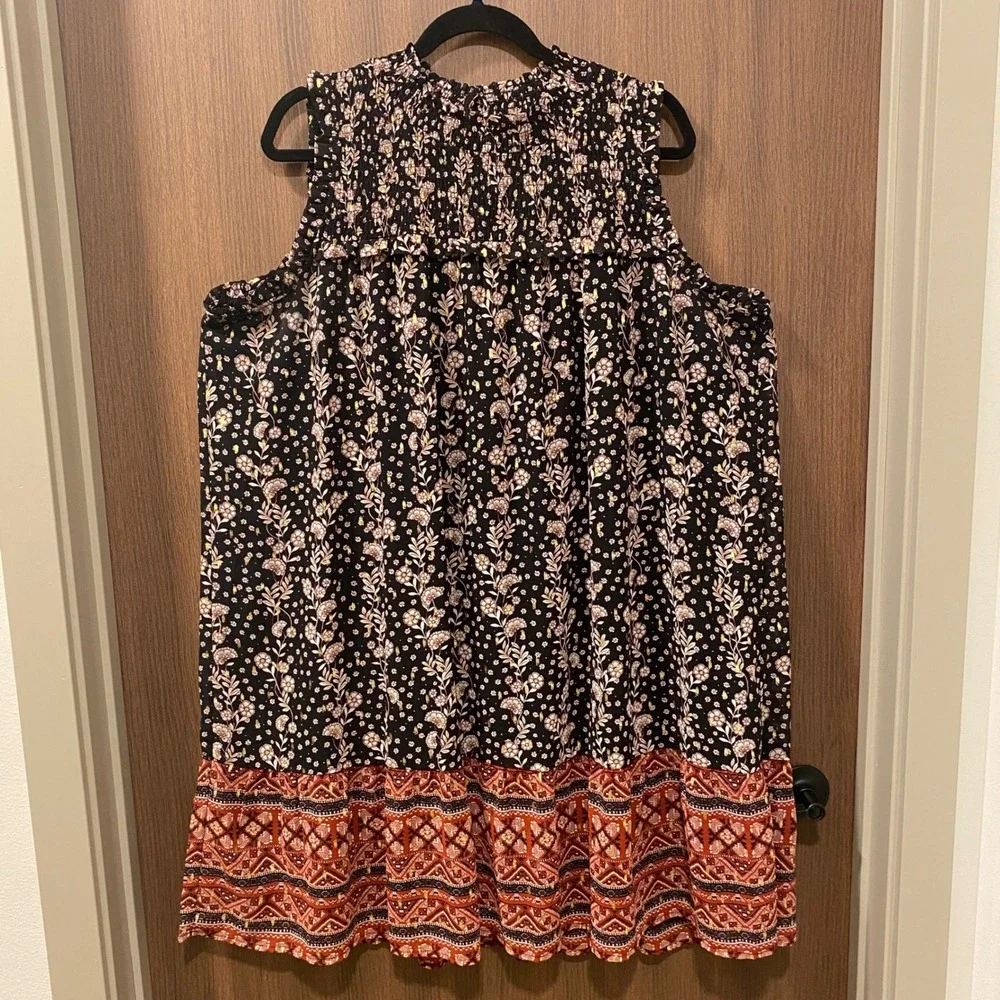 MAURICES Metallic Floral Smocked Neck Shift Dress Size 2X Black Boho Cottagecore